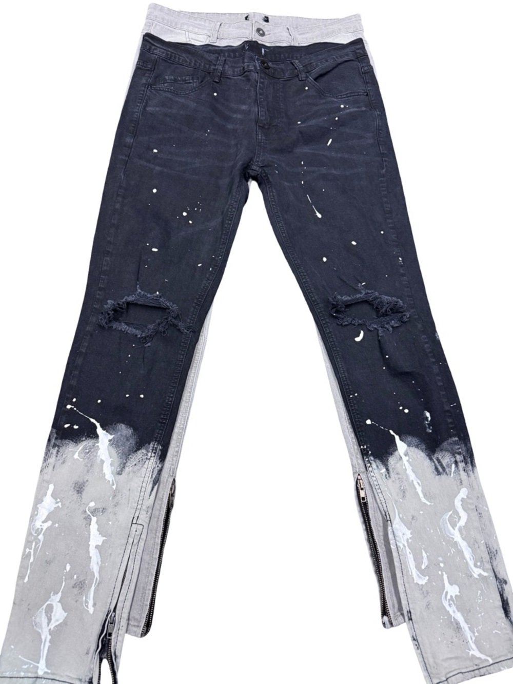 Mens Distressed Skinny Jeans Bundle 2 Pairs 34x30 Paint Splatter Zipper Hem